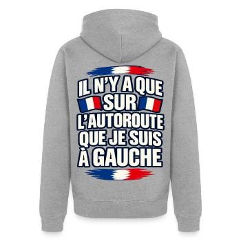 Nur auf der Autobahn bin ich links - Unisex Premium Bio Zip Hoodie - Grau meliert - Hinten - Nico (187cm)
