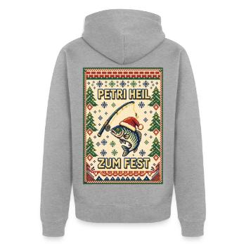 Petri Heil zum Fest – Pixel Ugly Sweater Angler - Unisex Premium Bio Zip Hoodie - Grau meliert - Hinten - Nico (187cm)