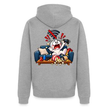 Kein WLAN – Gamer im Panikmodus! - Unisex Premium Bio Zip Hoodie - Grau meliert - Hinten - Nico (187cm)