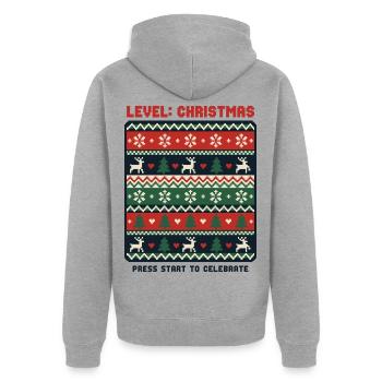 Level Christmas Pixel Hässlicher Pullover für Gamer - Unisex Premium Bio Zip Hoodie - Grau meliert - Hinten - Nico (187cm)