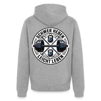 Schwer Heben Leicht Leben Gym - Unisex Premium Bio Zip Hoodie - Grau meliert - Hinten - Nico (187cm)