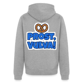 Prost, Vulva! Brezel Sticker - Unisex Premium Bio Zip Hoodie - Grau meliert - Hinten - Nico (187cm)