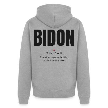 Flasche — Blechdose | Wahres Fahrrad-Vokabular - Unisex Premium Bio Zip Hoodie - Grau meliert - Hinten - Nico (187cm)