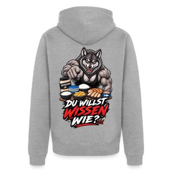 Du willst wissen wie – Muskelwolf und Fitness - Unisex Premium Bio Zip Hoodie - Grau meliert - Hinten - Nico (187cm)