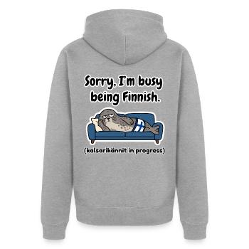 Beschäftigt als finnischer Saimaa-Robbe - Unisex Premium Bio Zip Hoodie - Grau meliert - Hinten - Nico (187cm)