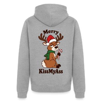 Fröhliche Kissmyass – Weihnachtsrentiere - Unisex Premium Bio Zip Hoodie - Grau meliert - Hinten - Nico (187cm)