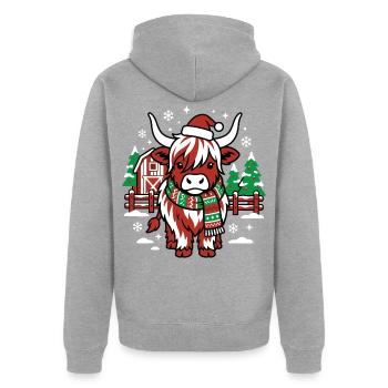 Rote Weihnachtsmannkuh auf Winter Farm - Unisex Premium Bio Zip Hoodie - Grau meliert - Hinten - Nico (187cm)