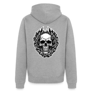 Totenkopf Flammen Kette Blackwork Tattoo T-Shirt - Unisex Premium Bio Zip Hoodie - Grau meliert - Hinten - Nico (187cm)