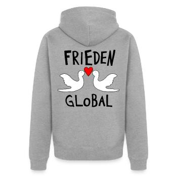 FRIEDEN GLOBAL - Unisex Premium Bio Zip Hoodie - Grau meliert - Hinten - Nico (187cm)