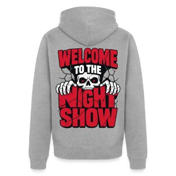 Totenkopf – Welcome to the Night Show - Unisex Premium Bio Zip Hoodie - Grau meliert - Hinten - Nico (187cm)