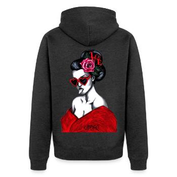 GEISHA - Unisex Premium Bio Zip Hoodie - Anthrazit meliert - Hinten - Nico (187cm)