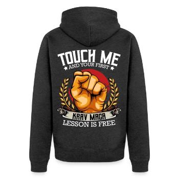 Krav Maga - Unisex Premium Bio Zip Hoodie - Anthrazit meliert - Hinten - Nico (187cm)