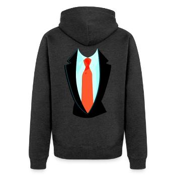 Fake Anzug Mit Krawatte Overall Kostüm - Unisex Premium Bio Zip Hoodie - Anthrazit meliert - Hinten - Nico (187cm)