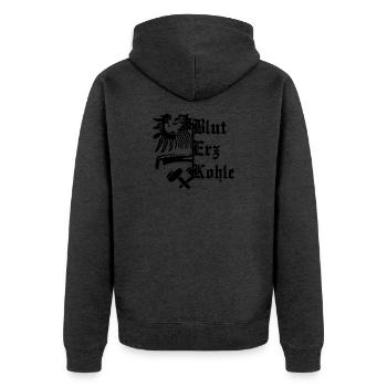Blut Erz Kohle - Unisex Premium Bio Zip Hoodie - Anthrazit meliert - Hinten - Nico (187cm)
