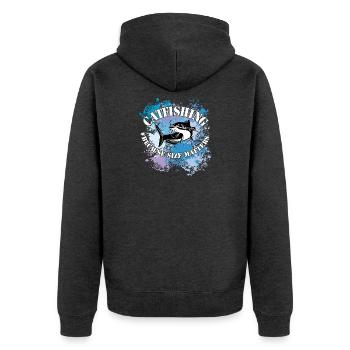 Wels Waller fischen Wels auf Farbklecksen - Unisex Premium Bio Zip Hoodie - Anthrazit meliert - Hinten - Nico (187cm)