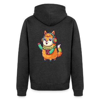 Lama Lustige Zeichentrickfigur Kopfhörer Musik - Unisex Premium Bio Zip Hoodie - Anthrazit meliert - Hinten - Nico (187cm)