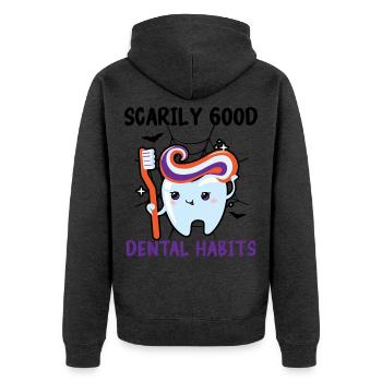 Erschreckend gute zahnärztliche Gewohnheiten. - Unisex Premium Bio Zip Hoodie - Anthrazit meliert - Hinten - Nico (187cm)