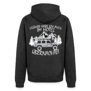 Defender 110 T-Shirt - Unisex Premium Bio Zip Hoodie - Anthrazit meliert - Hinten - Nico (187cm)