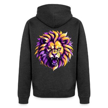 Wilder Löwe in Lila und Gelb - Unisex Premium Bio Zip Hoodie - Anthrazit meliert - Hinten - Nico (187cm)