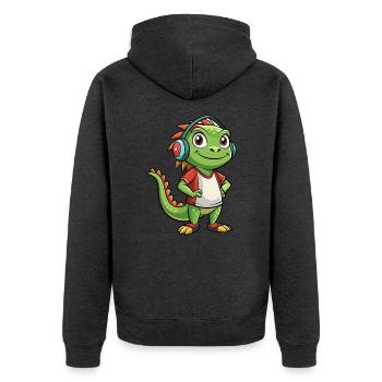 Leguan Lustige Zeichentrickfigur Kopfhörer Musik - Unisex Premium Bio Zip Hoodie - Anthrazit meliert - Hinten - Nico (187cm)