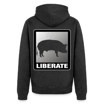 Liberate Vegan Animal Liberation Schwein - Unisex Premium Bio Zip Hoodie - Anthrazit meliert - Hinten - Nico (187cm)