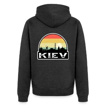 Kiew Ukraine Flagge Skyline Reisesouvenir - Unisex Premium Bio Zip Hoodie - Anthrazit meliert - Hinten - Nico (187cm)