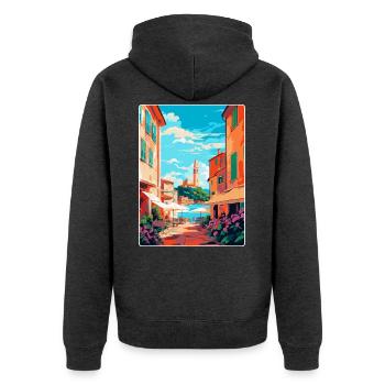 St. Tropez Frankreich Vintage Reiseplakat Souvenir - Unisex Premium Bio Zip Hoodie - Anthrazit meliert - Hinten - Nico (187cm)