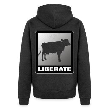 Liberate Vegan Animal Liberation Kuh - Unisex Premium Bio Zip Hoodie - Anthrazit meliert - Hinten - Nico (187cm)