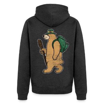 Abenteuerlustiger Backpacker Bär - Unisex Premium Bio Zip Hoodie - Anthrazit meliert - Hinten - Nico (187cm)
