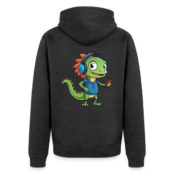 Eidechse Lustige Zeichentrickfigur Kopfhörer Musik - Unisex Premium Bio Zip Hoodie - Anthrazit meliert - Hinten - Nico (187cm)