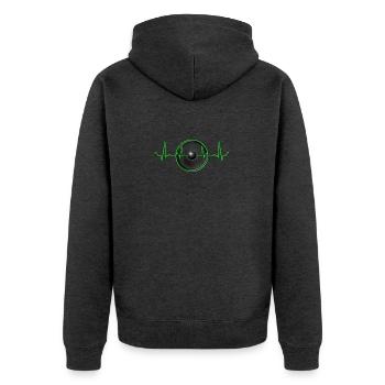 Neon-Herzschlag Lautsprecher-Design - Unisex Premium Bio Zip Hoodie - Anthrazit meliert - Hinten - Nico (187cm)