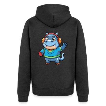 Nilpferd Lustige Zeichentrickfigur Kopfhörer Musik - Unisex Premium Bio Zip Hoodie - Anthrazit meliert - Hinten - Nico (187cm)