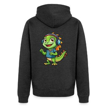 Leguan Lustige Zeichentrickfigur Kopfhörer Musik - Unisex Premium Bio Zip Hoodie - Anthrazit meliert - Hinten - Nico (187cm)
