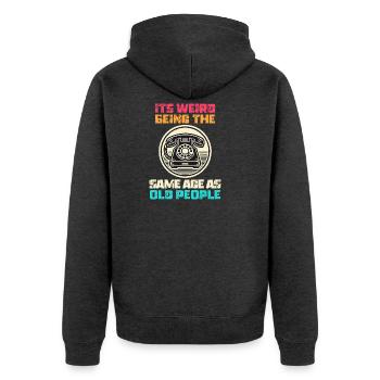 Jahrgang | Klassisch | Klassisch | Alt - Unisex Premium Bio Zip Hoodie - Anthrazit meliert - Hinten - Nico (187cm)