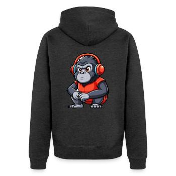 Gorilla Lustige Zeichentrickfigur Kopfhörer Musik - Unisex Premium Bio Zip Hoodie - Anthrazit meliert - Hinten - Nico (187cm)