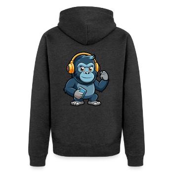 Gorilla Lustige Zeichentrickfigur Kopfhörer Musik - Unisex Premium Bio Zip Hoodie - Anthrazit meliert - Hinten - Nico (187cm)