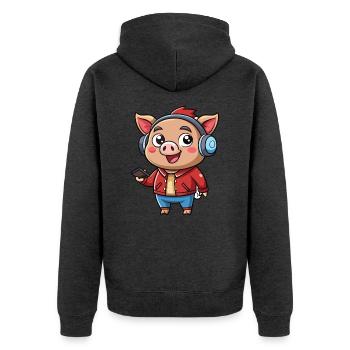 Cochon Drôle Dessin Animé Personnage Casque Musique - Veste à capuche bio Premium Unisexe - anthracite chiné - Dos - Nico (187cm)