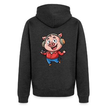 Schwein Lustige Zeichentrickfigur Kopfhörer Musik - Unisex Premium Bio Zip Hoodie - Anthrazit meliert - Hinten - Nico (187cm)