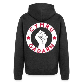 Cymru Gadarn - Unisex Premium Bio Zip Hoodie - Anthrazit meliert - Hinten - Nico (187cm)