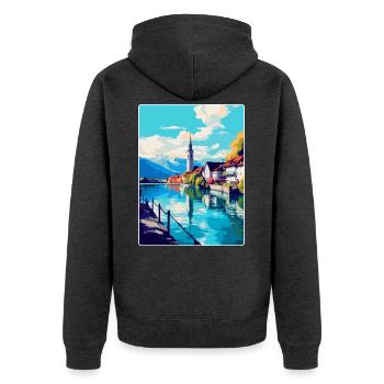 Thun Schweiz Vintage Reiseplakat Souvenir - Unisex Premium Bio Zip Hoodie - Anthrazit meliert - Hinten - Nico (187cm)