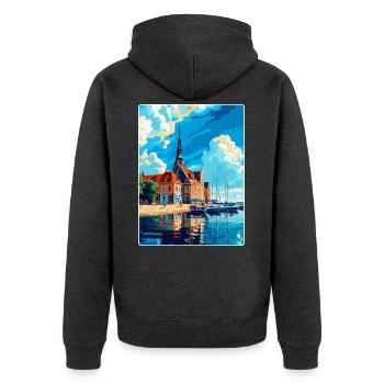 Rostock Allemagne Affiche de voyage vintage Souvenir WPA - Veste à capuche bio Premium Unisexe - anthracite chiné - Dos - Nico (187cm)