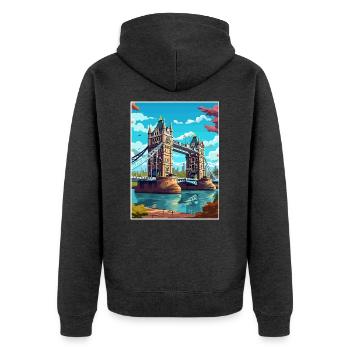 Tower Bridge England Vintage Reiseposter WPA Kunst - Unisex Premium Bio Zip Hoodie - Anthrazit meliert - Hinten - Nico (187cm)
