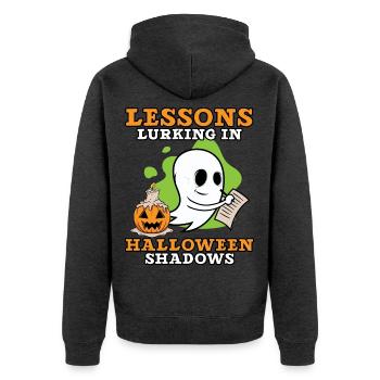 Lektionen, die in den Schatten von Halloween lauer - Unisex Premium Bio Zip Hoodie - Anthrazit meliert - Hinten - Nico (187cm)