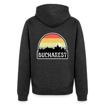 Bukarest Rumänien Flagge Skyline Reisesouvenir - Unisex Premium Bio Zip Hoodie - Anthrazit meliert - Hinten - Nico (187cm)