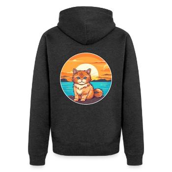 Katze lustige Karikatur Kawaii Strand Illustration - Unisex Premium Bio Zip Hoodie - Anthrazit meliert - Hinten - Nico (187cm)