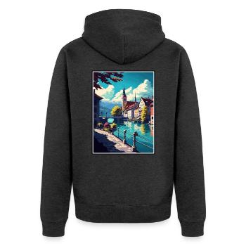 Thun Schweiz Vintage Reiseposter Souvenir - Unisex Premium Bio Zip Hoodie - Anthrazit meliert - Hinten - Nico (187cm)