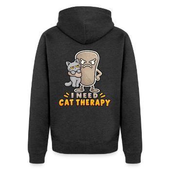 Pebbly – Katzentherapie – Kleiner Pebble und eine Katze - Unisex Premium Bio Zip Hoodie - Anthrazit meliert - Hinten - Nico (187cm)