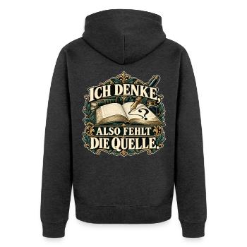 Ich denke, also fehlt die Quelle - Unisex Premium Bio Zip Hoodie - Anthrazit meliert - Hinten - Nico (187cm)