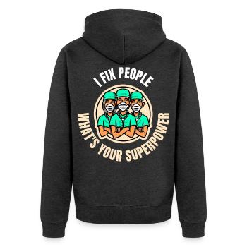 Ich repariere Menschen. Was ist deine Superkraft - Unisex Premium Bio Zip Hoodie - Anthrazit meliert - Hinten - Nico (187cm)