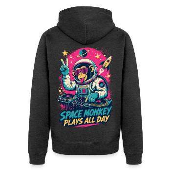 Affen-DJ im Weltraum – Space Monkey Plays All Day - Unisex Premium Bio Zip Hoodie - Anthrazit meliert - Hinten - Nico (187cm)